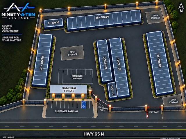 Site map of Ninety Ten Storage showing unit buildings labeled by size, open storage, commercial spaces, customer and employee parking, and the entrance and exit gates fronting Hwy 65 N